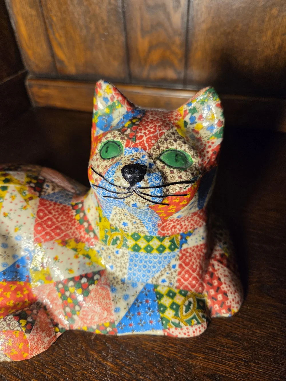 Vintage Multicolor Patchwork Cat Figurine